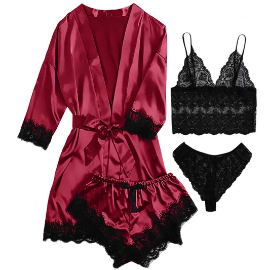 Sexy Lingerie,  Silk Satin Pajamas for Women, Womens Summer Pajamas Pjs Sets of 4 Pcs with Floral Lace Top Shorts and Robe, Gift for Women, Black, M